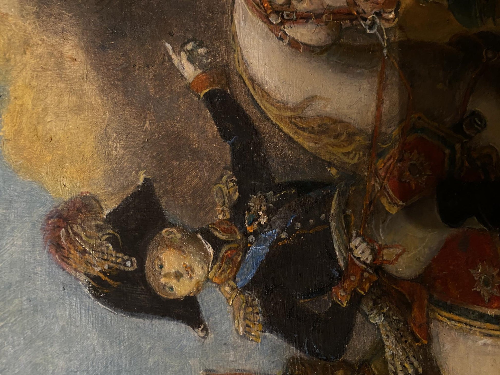 Oil painting by Oleg Arkad’yevich Litvinov: boy in ornate black military uniform with sword