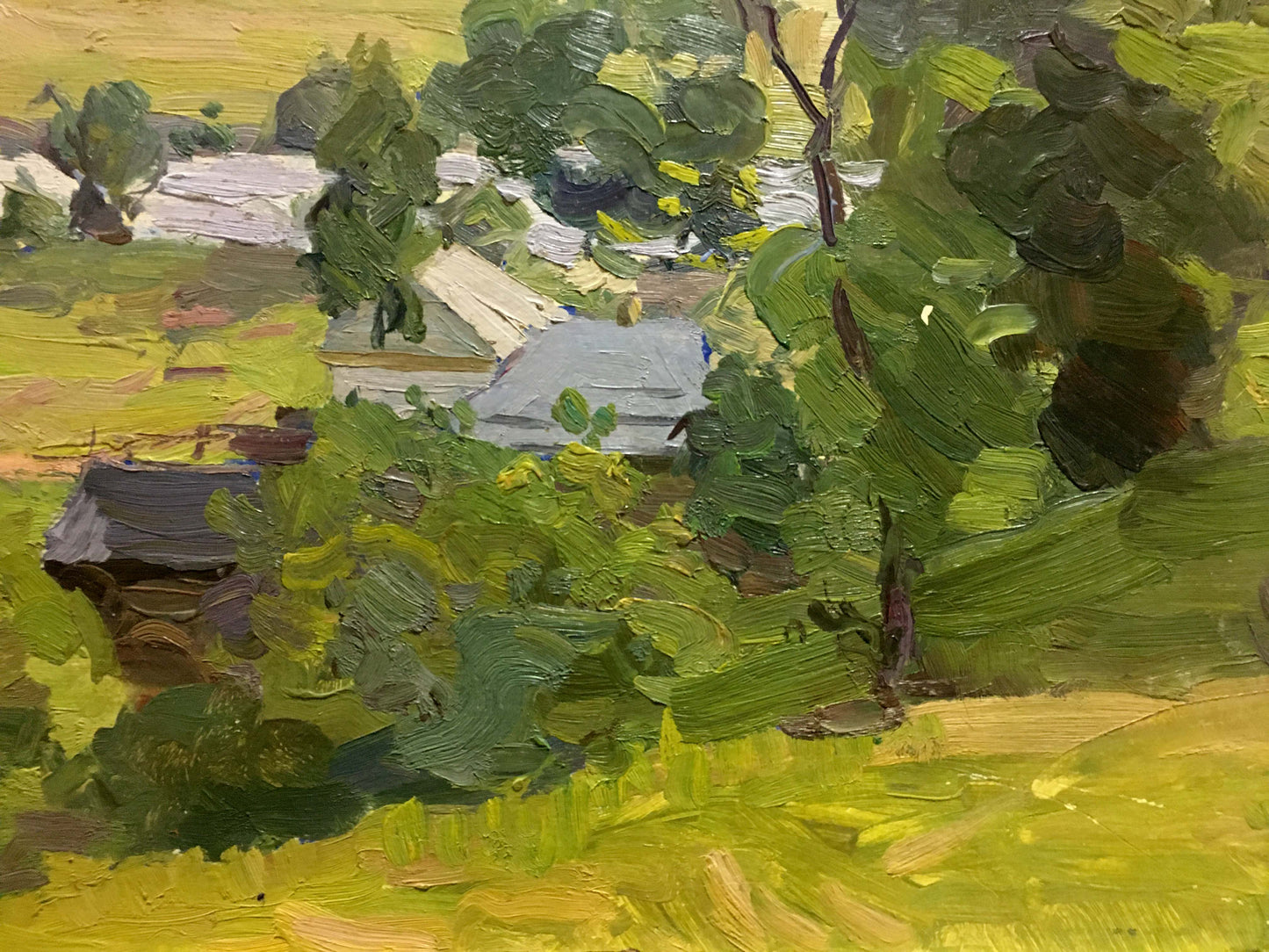 Oil painting of Gantman village by Moisey Faibovich, lush impressionist landscape