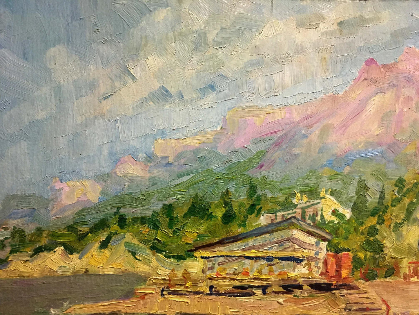 Oil painting Resort Bespaly N. rustic wooden building in green trees mountains