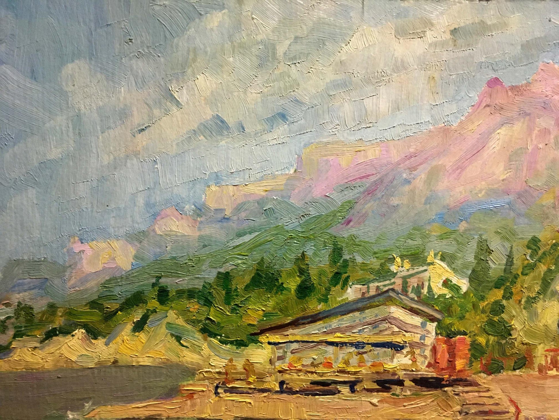 Oil painting Resort Bespaly N. rustic wooden building in green trees mountains