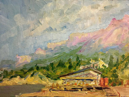 Oil painting Resort Bespaly N. rustic wooden building in green trees mountains