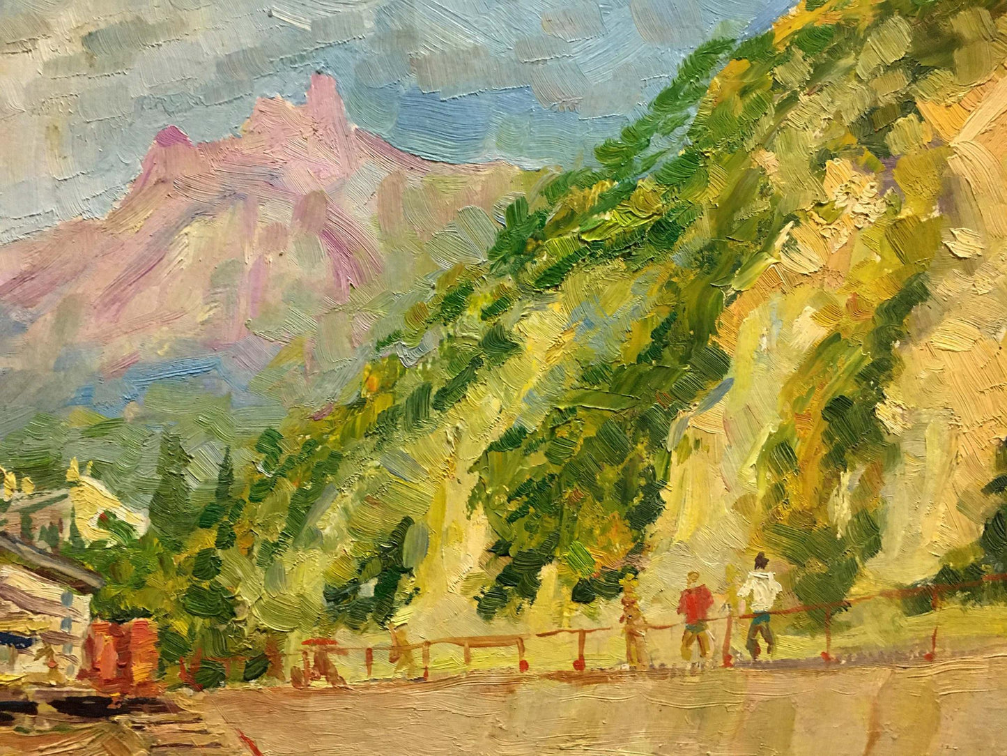 Vibrant impressionist oil painting Resort Bespaly N of green hillside and pink mountain