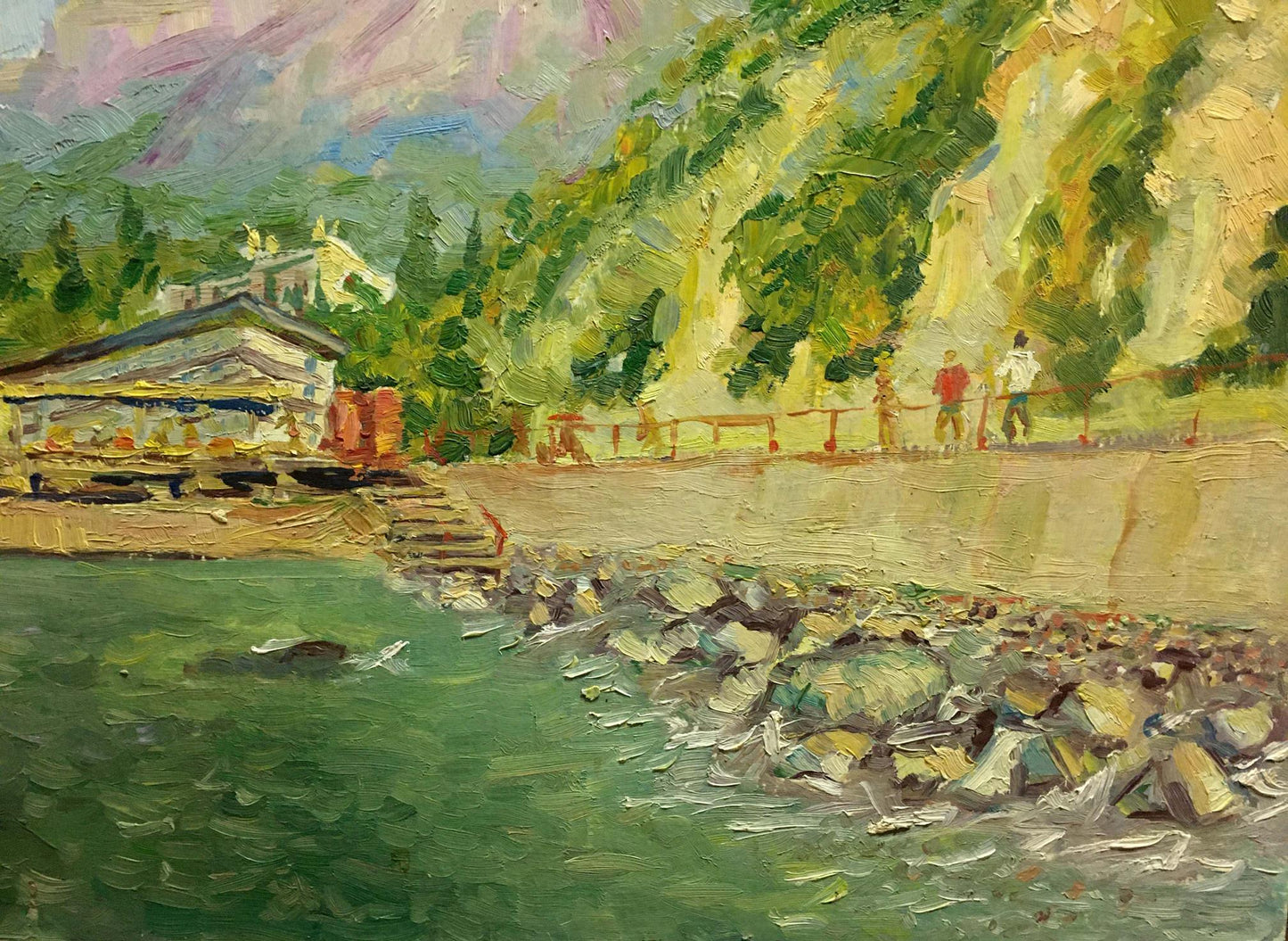 Vibrant impressionist oil painting Resort Bespaly N. lakeside scene