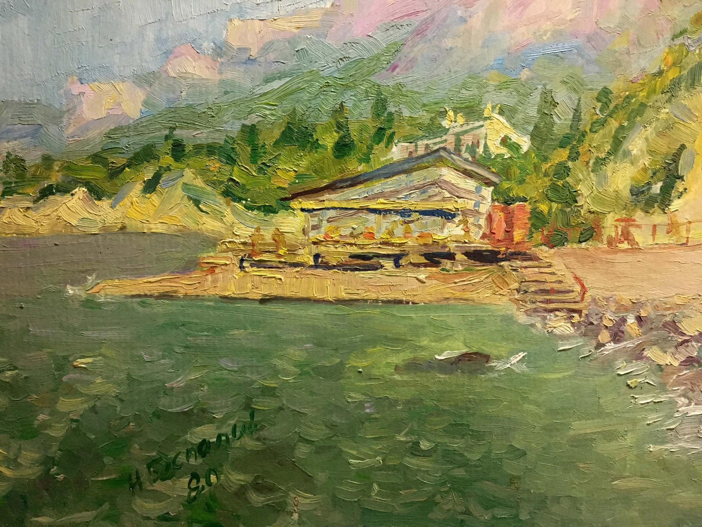Textured impressionist oil painting Resort Bespaly N coastal scene in greens blues