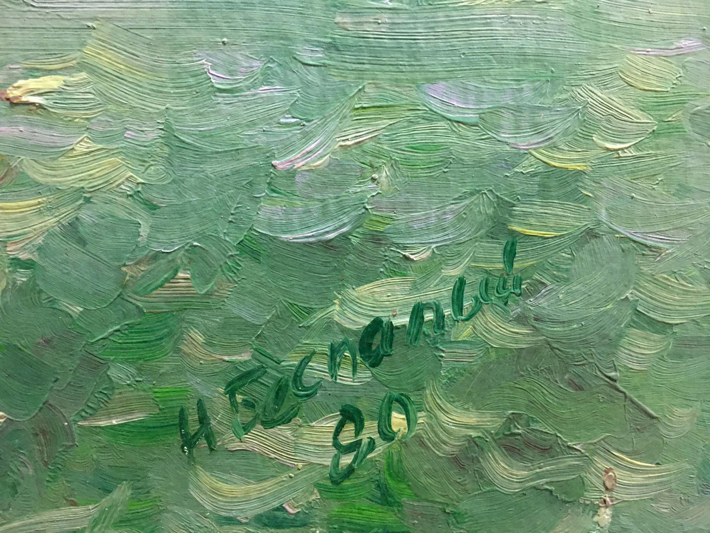 Textured green Oil painting Resort Bespaly N with brushstrokes and signature