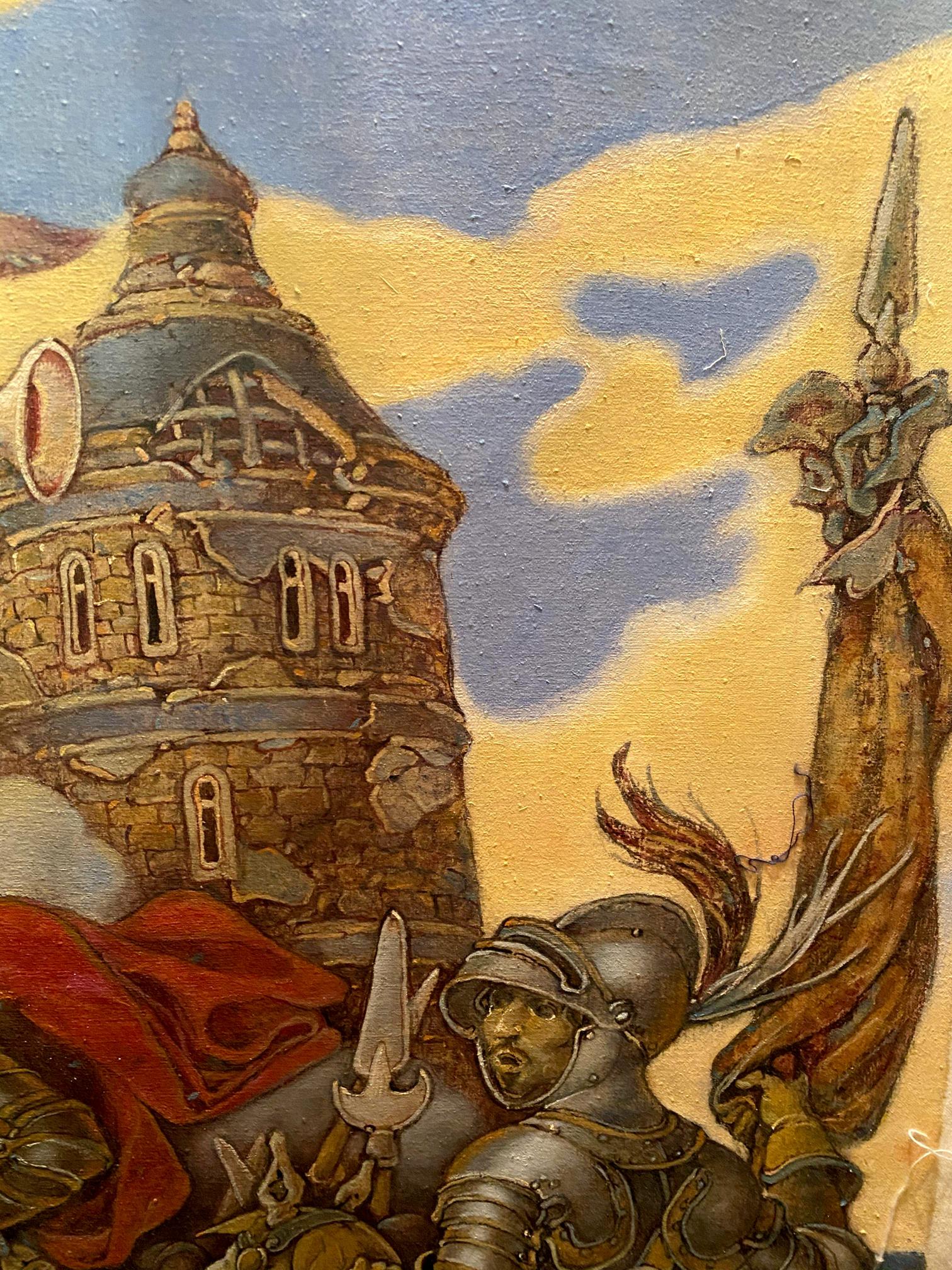 Oil painting of Ivan Sirko as medieval knight with sword before tower