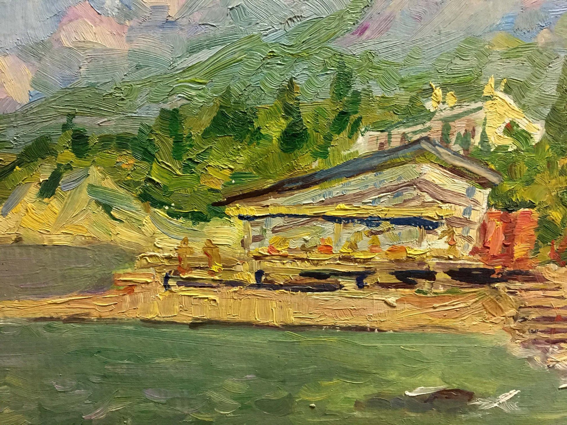 Oil painting Resort Bespaly N: rustic cabin by calm waters in lush trees