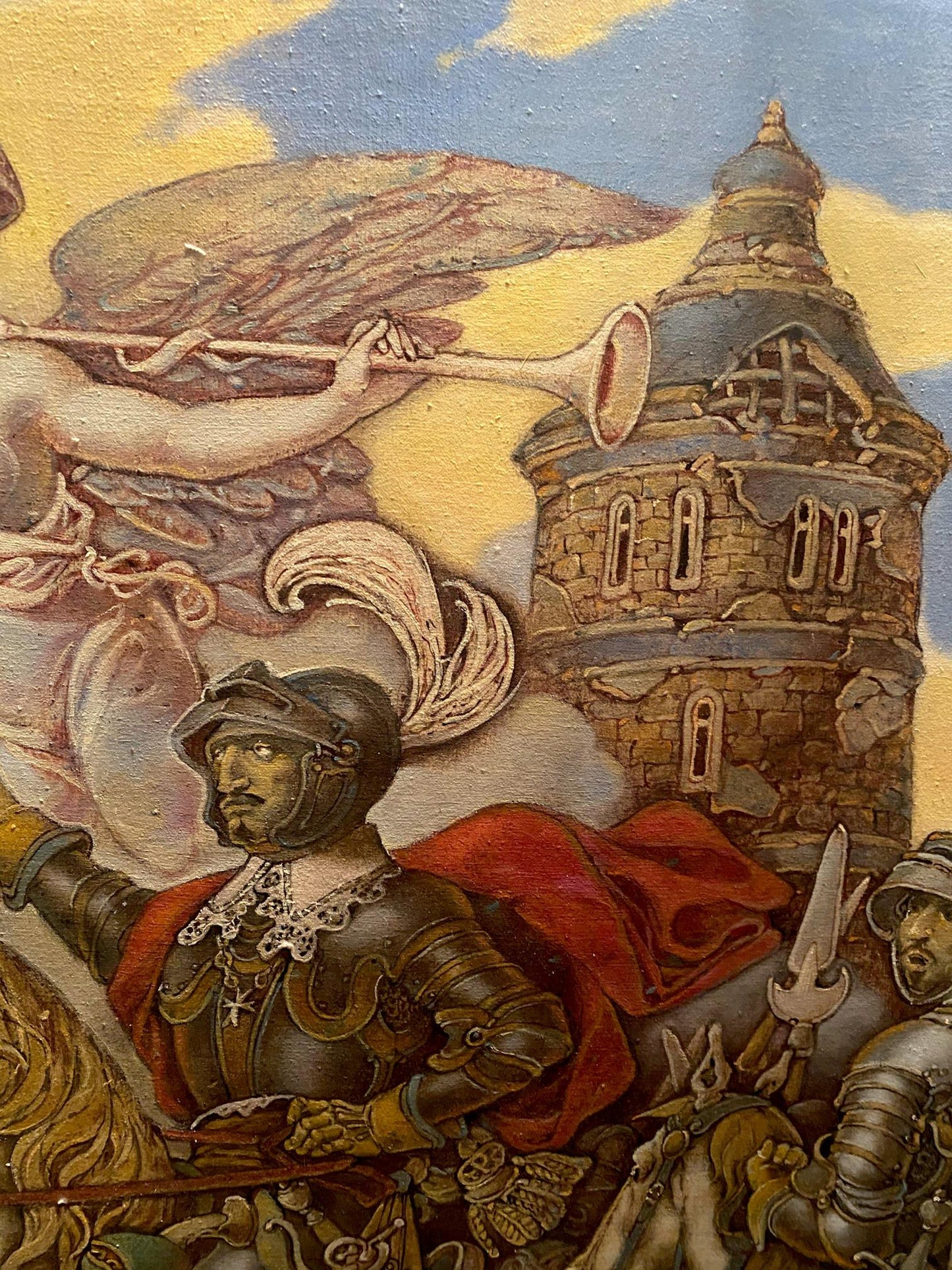 Oil painting of Ivan Sirko the knight in ornate armor with red cape