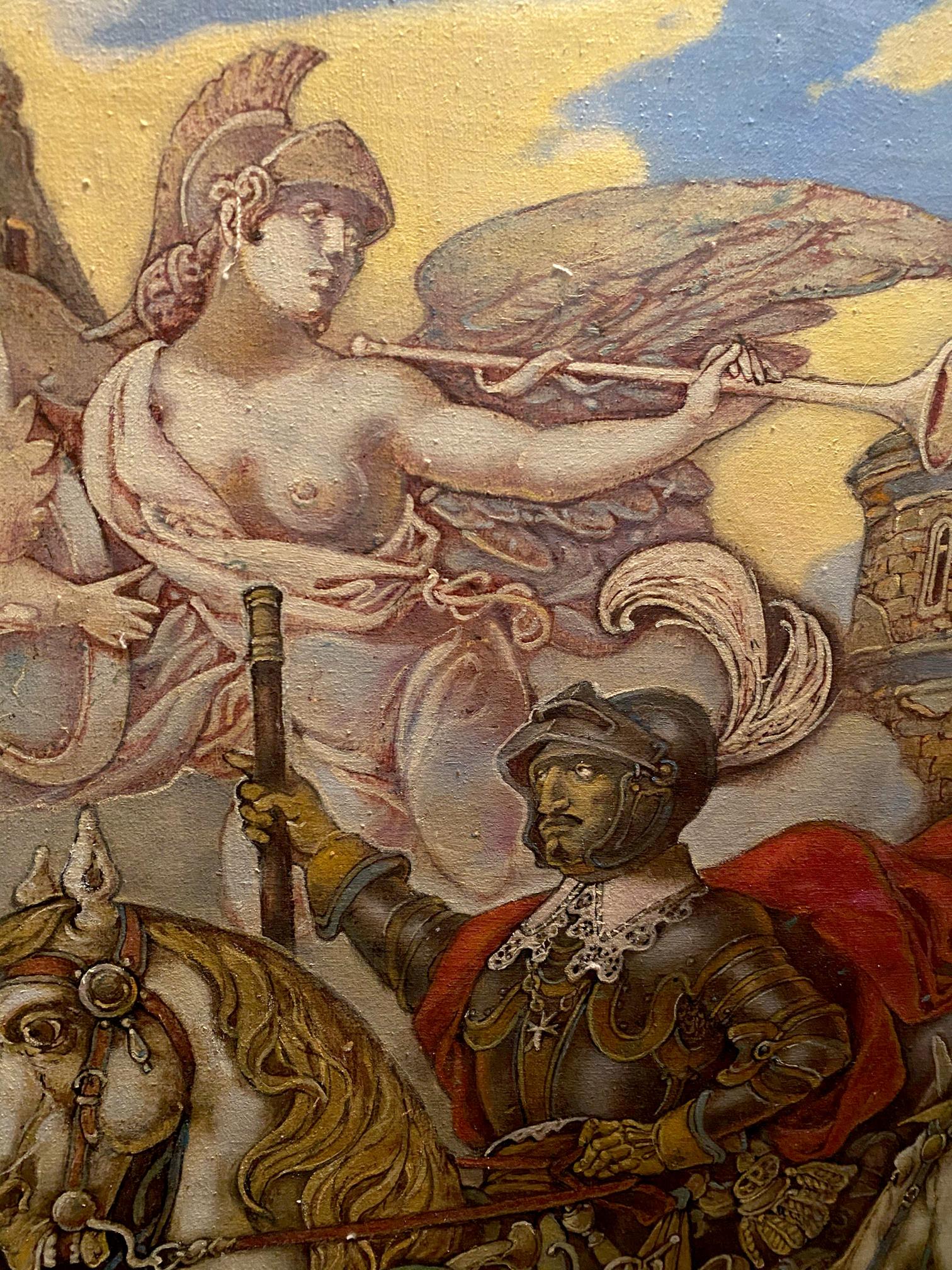 Oil painting of winged figure over knight Ivan Sirko in France by Oleg Litvinov