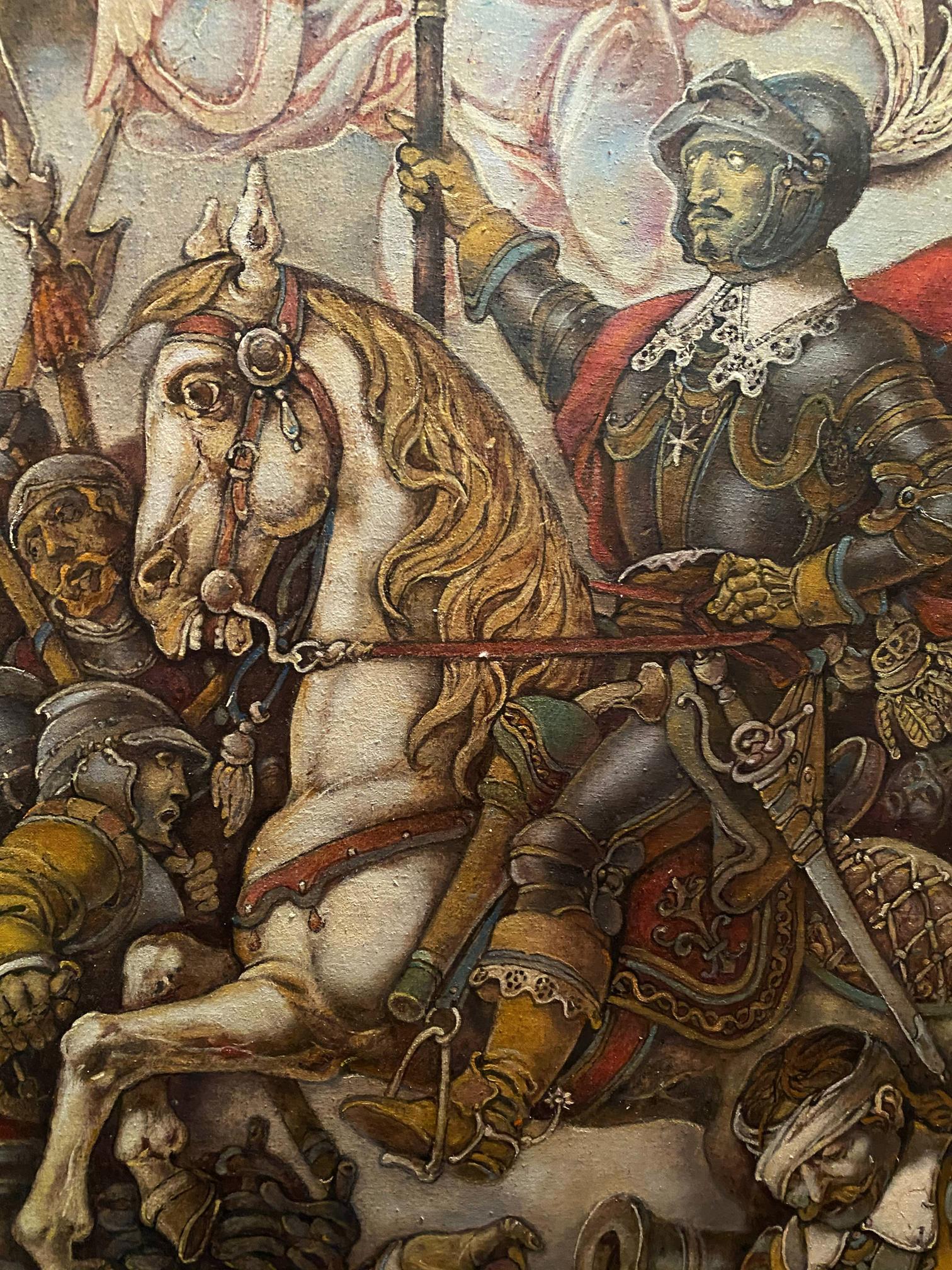 Oil painting of Ivan Sirko in ornate armor on white horse by Oleg Litvinov