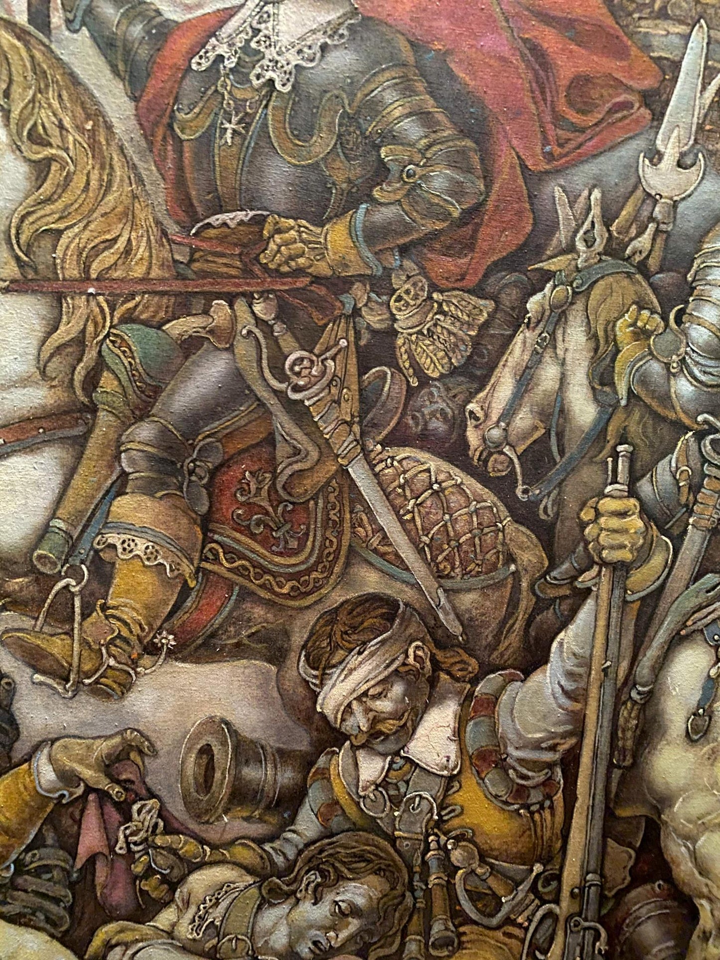 Oil painting of Ivan Sirko in ornate armor on horse in battle by Oleg Litvinov