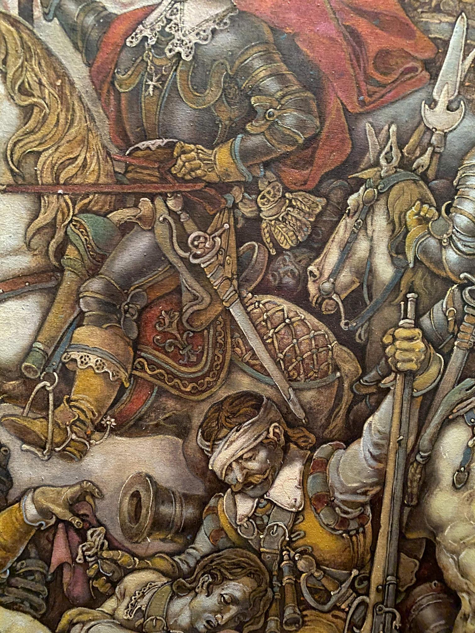 Oil painting of Ivan Sirko in ornate armor on horse in battle by Oleg Litvinov