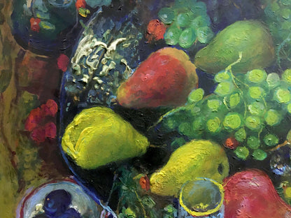 Oil painting of pears and grapes on table by Maksimenko Nikolay Antonovich