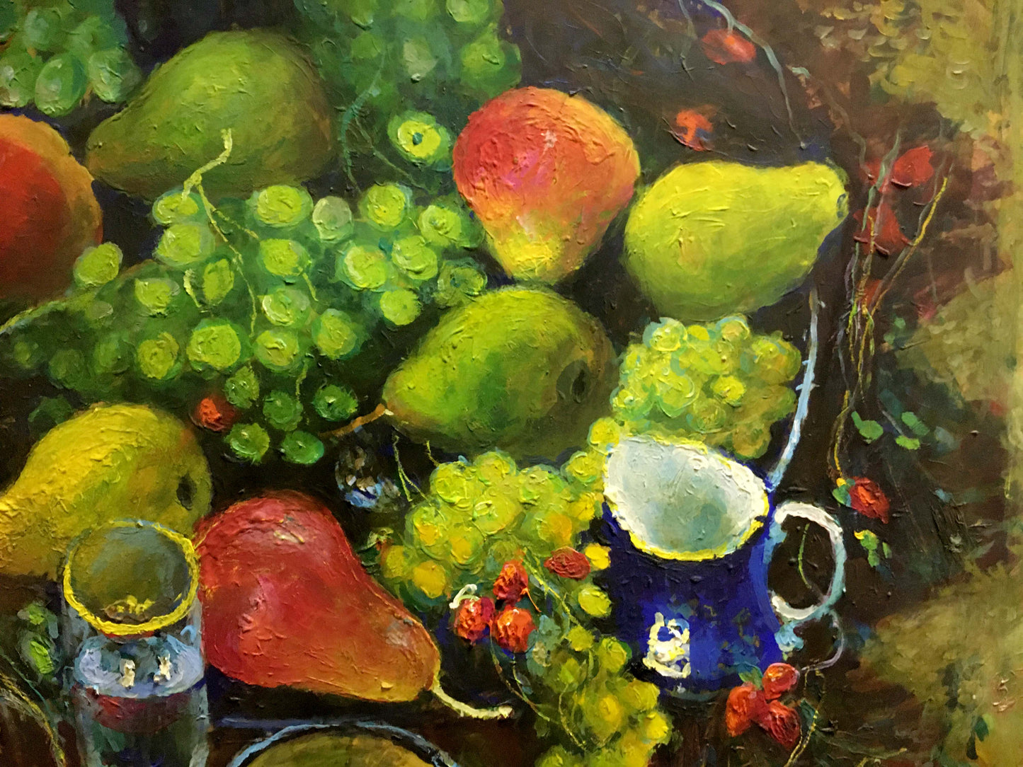 Oil painting by Maksimenko Nikolay Antonovich: grapes, pears, blue pitcher