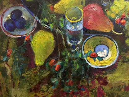 Vibrant impressionist oil painting by Maksimenko Nikolay Antonovich: fruit on table