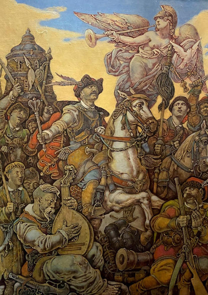 Oil painting of Ivan Sirko battle with soldiers, horses, angelic horn blower