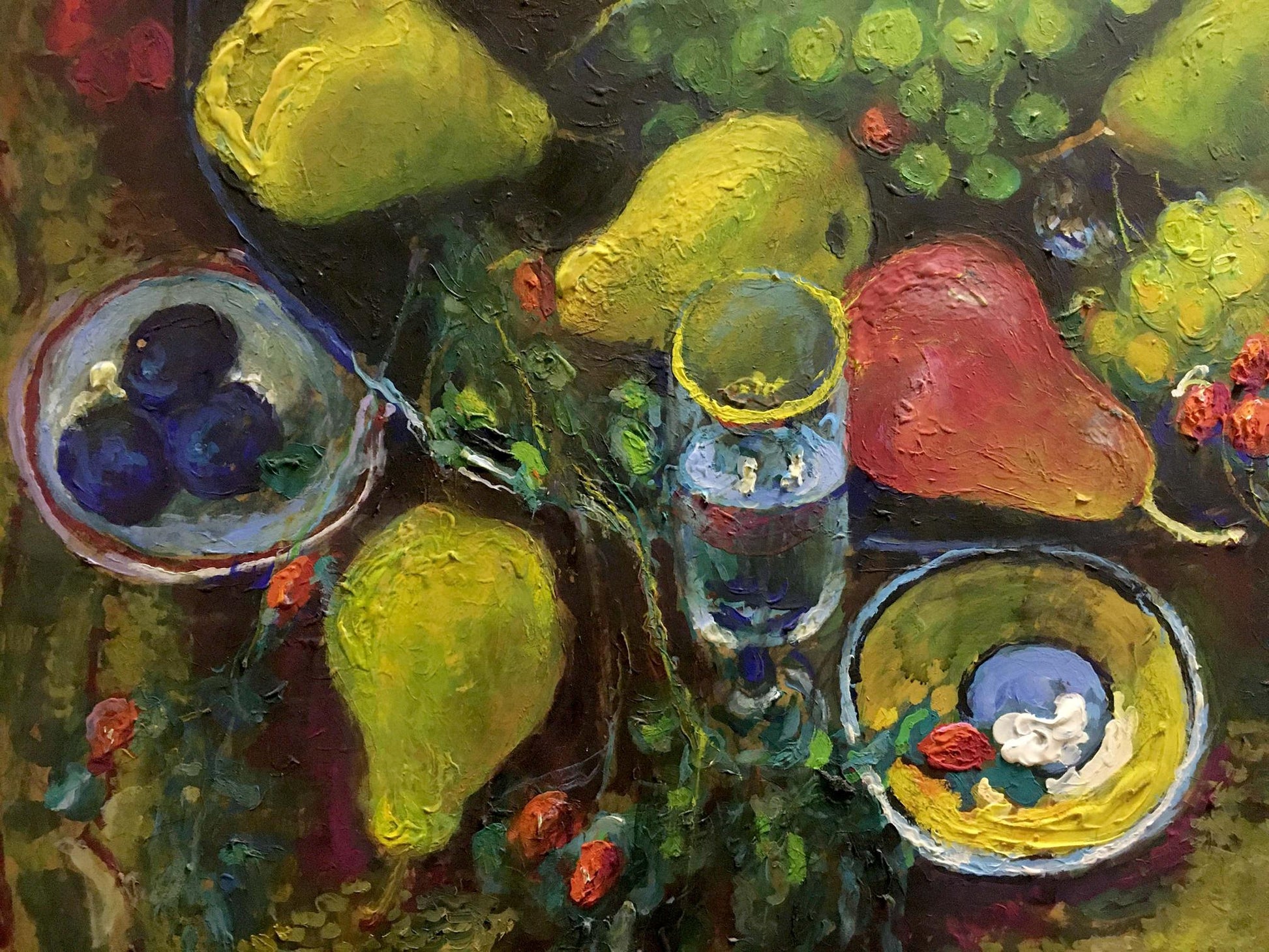 Vibrant impressionist oil painting by Maksimenko Nikolay Antonovich: fruit bowl with pears, grapes, plums, water glass