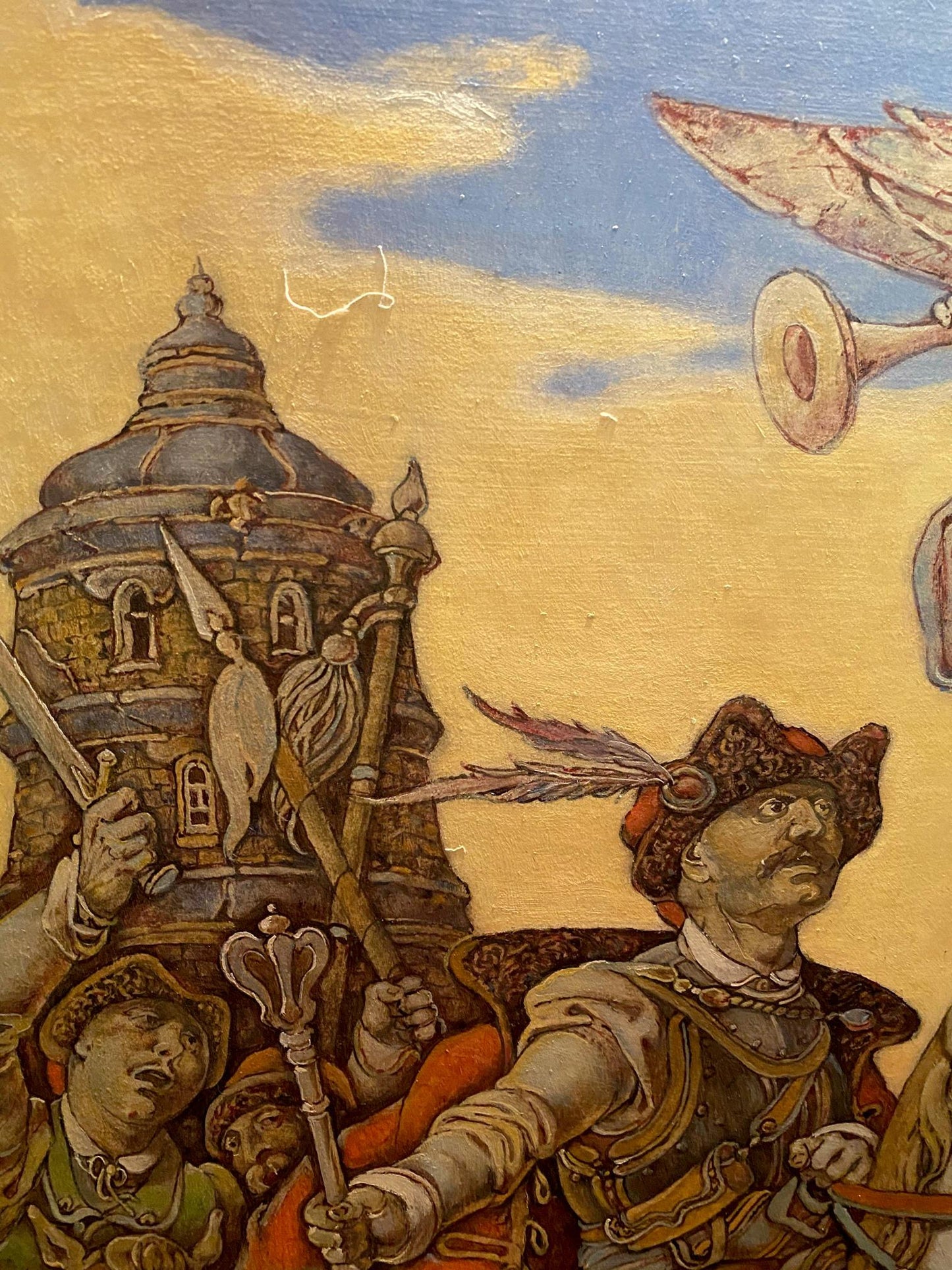 Oil painting of Ivan Sirko and France by Oleg Litvinov, medieval tower