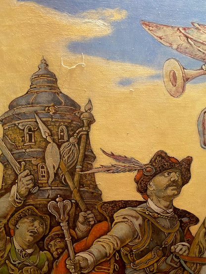 Oil painting of Ivan Sirko and France by Oleg Litvinov, medieval tower