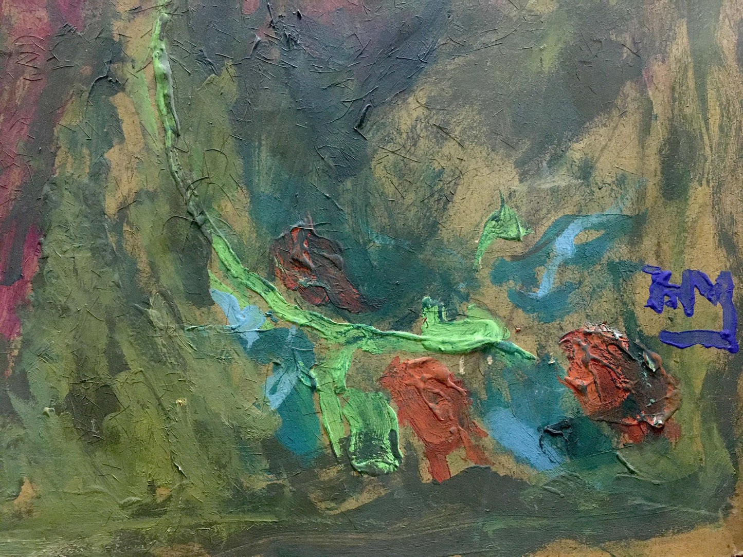Oil painting Fruit on the table by Maksimenko Nikolay Antonovich, abstract green red blue textures