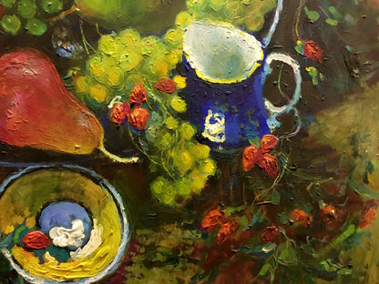 Vibrant blue ceramic pitcher with gold details in Maksimenko Nikolay Antonovich oil painting