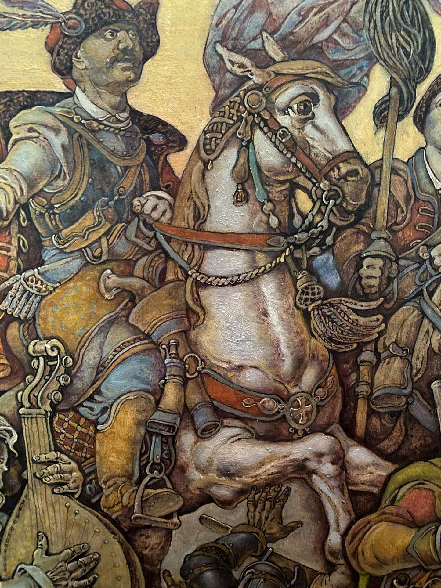 Oil painting of Ivan Sirko on white horse with ornate bridle by Oleg Litvinov