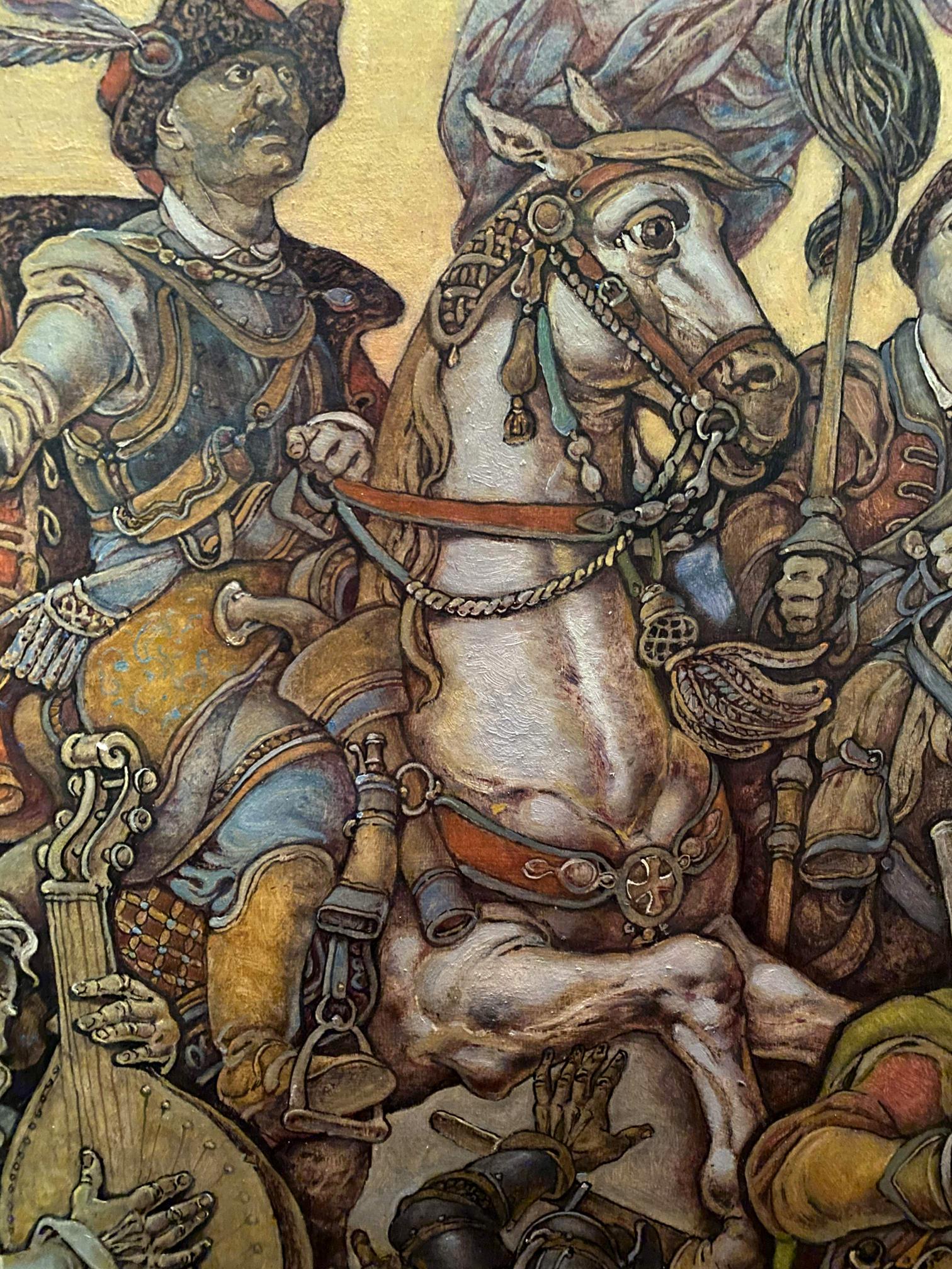 Oil painting of Ivan Sirko on white horse with ornate bridle by Oleg Litvinov