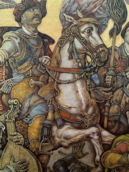 Oil painting of Ivan Sirko on white horse with ornate bridle by Oleg Litvinov