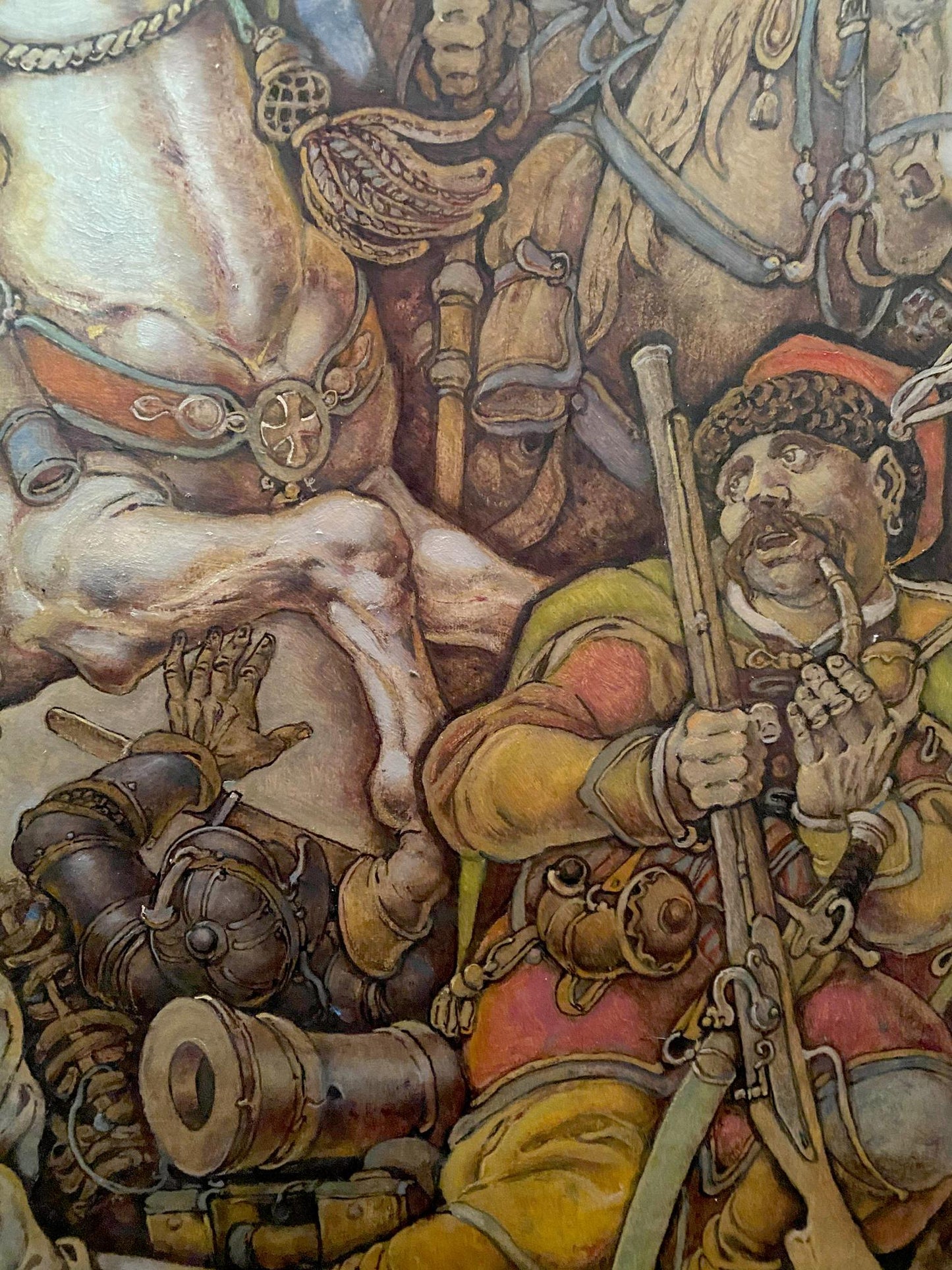 Oil painting of Ivan Sirko in yellow red attire with ornate rifle by Oleg Litvinov