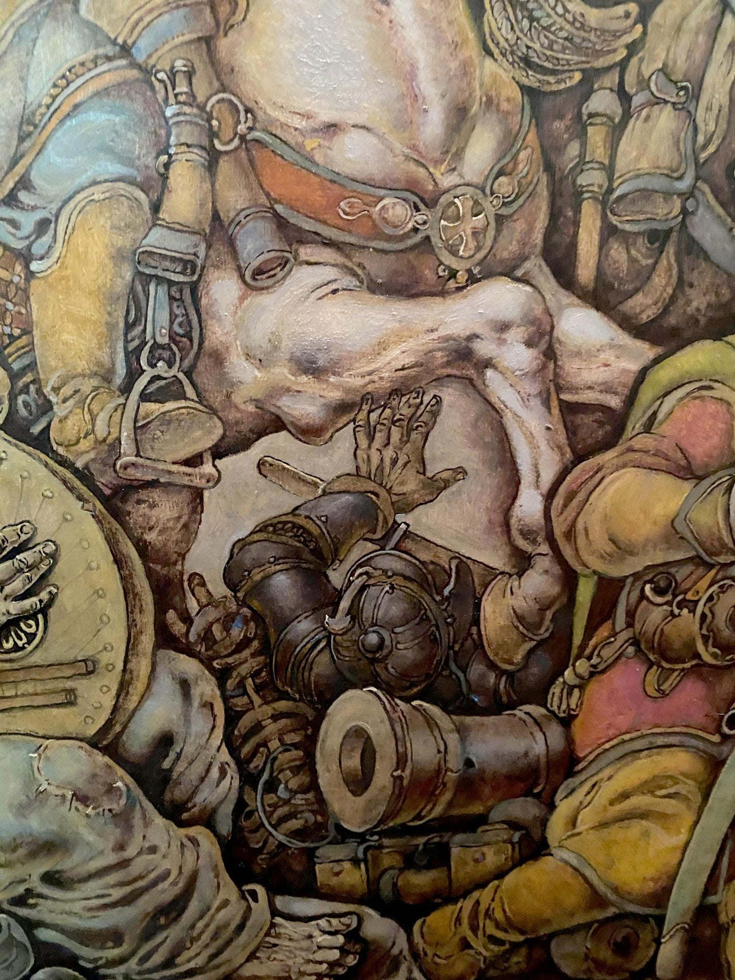 Muscular armored horse with leather saddle in Ivan Sirko oil painting by Oleg Litvinov