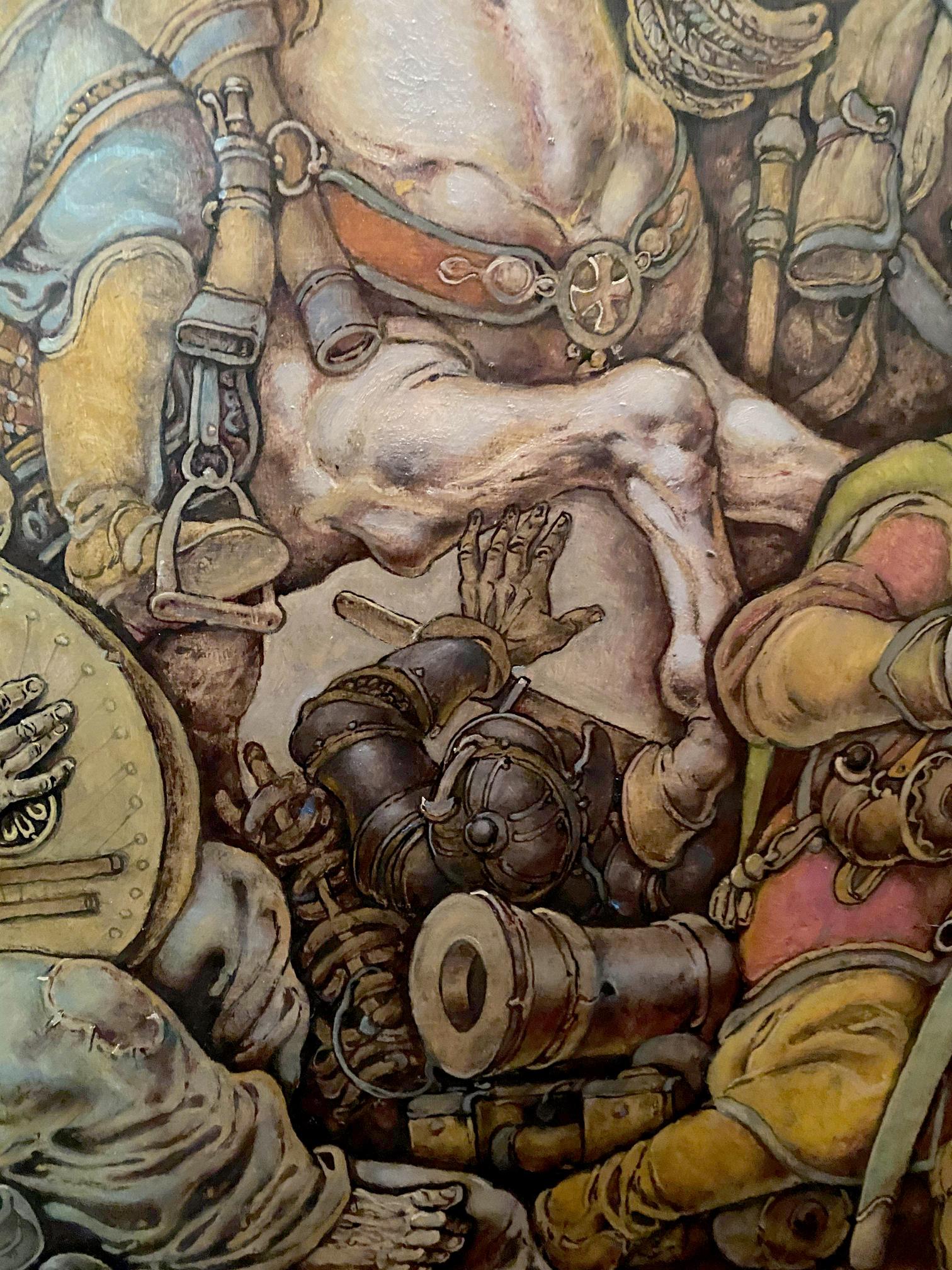 Muscular armored horse with leather saddle in Ivan Sirko oil painting by Oleg Litvinov