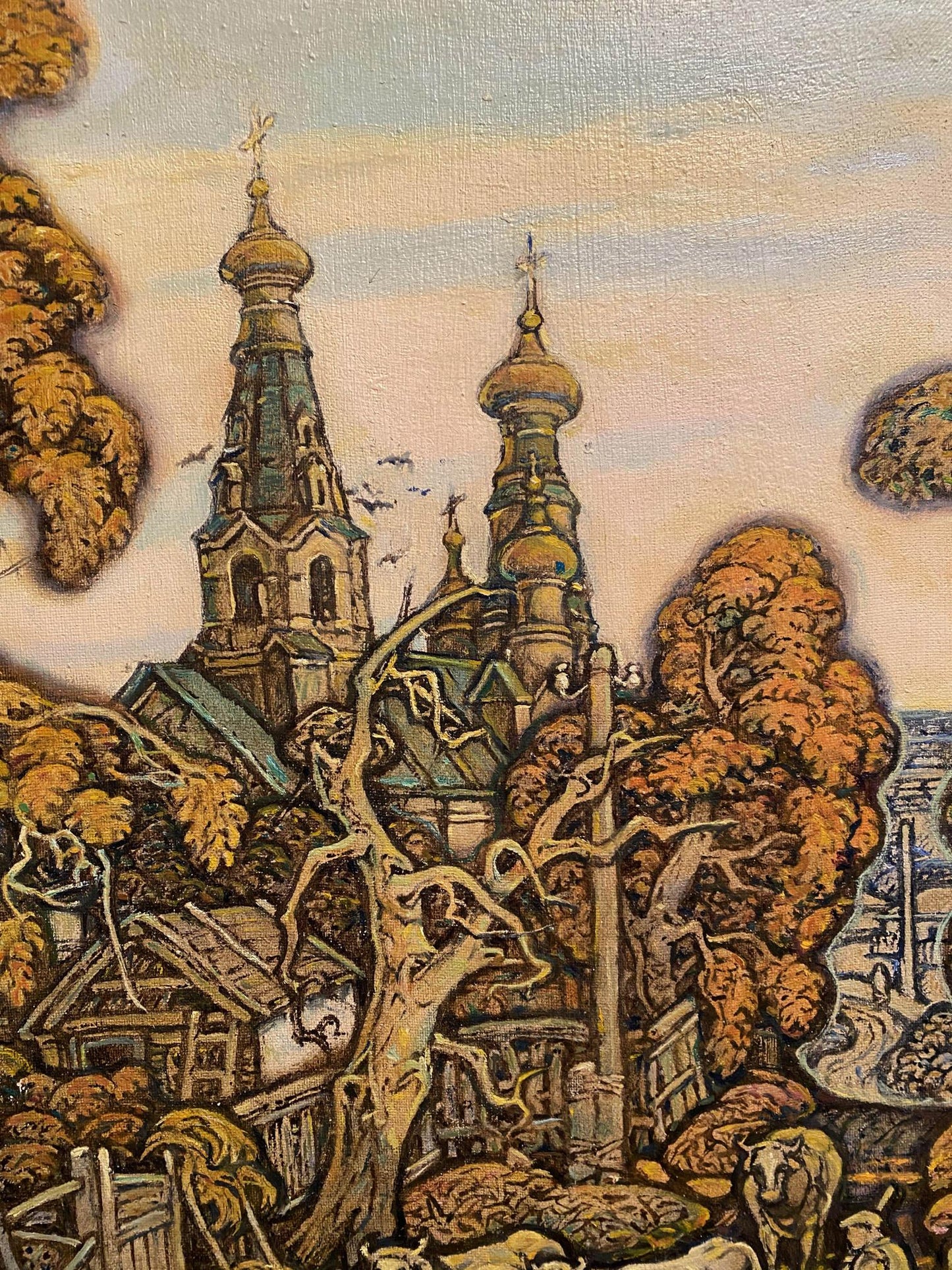Oil painting Autumn by Litvinov Oleg Arkad’yevich: ornate church with golden domes amid autumn trees