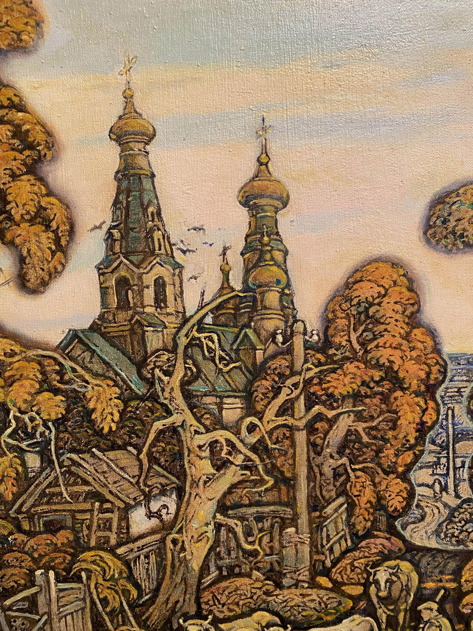 Oil painting Autumn by Litvinov Oleg Arkad’yevich: ornate church with golden domes amid autumn trees