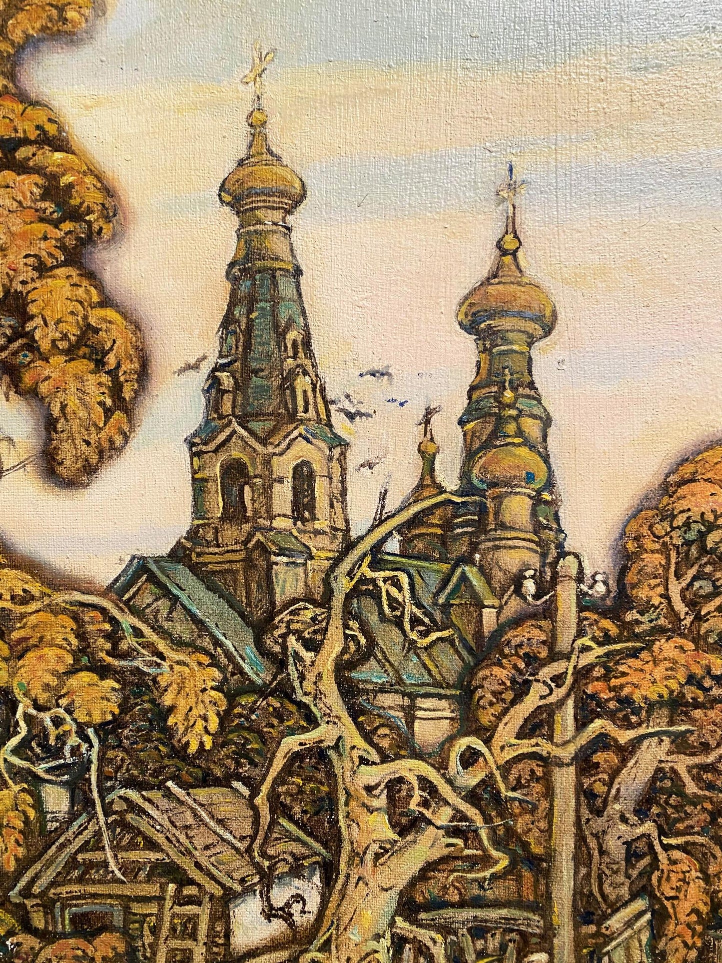 Oil painting Autumn by Litvinov Oleg Arkad’yevich: ornate orthodox church with golden domes