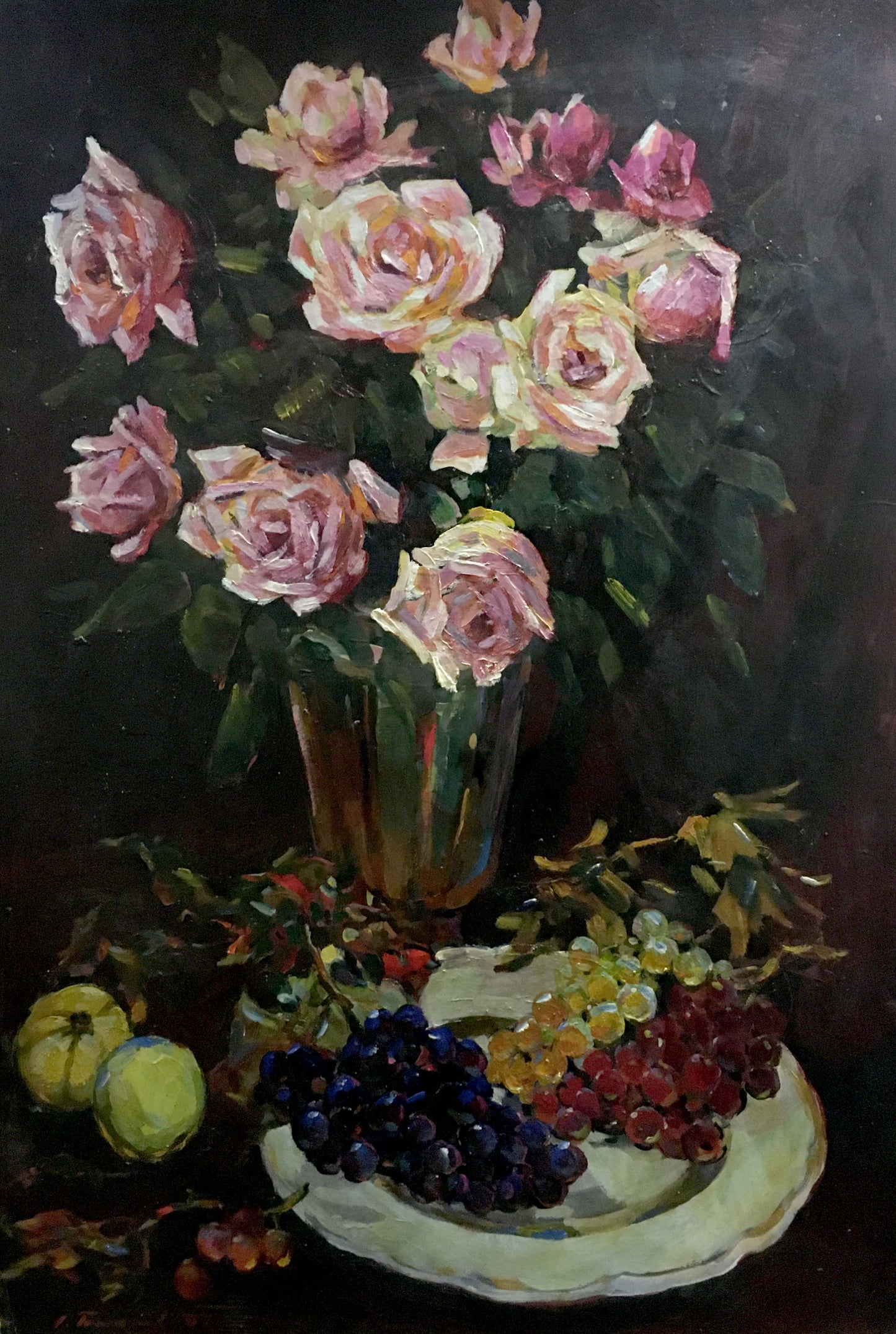 Oil painting of pink cream roses in tall glass vase by Bakaev Sergey Ivanovich