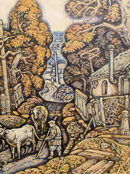 Oil painting Autumn by Litvinov Oleg Arkad’yevich: golden trees, rustic house, cattle path