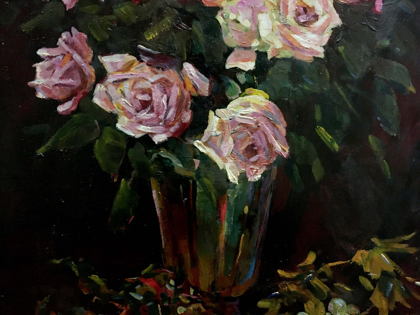 Oil painting of pink cream roses in glass vase by Bakaev Sergey Ivanovich