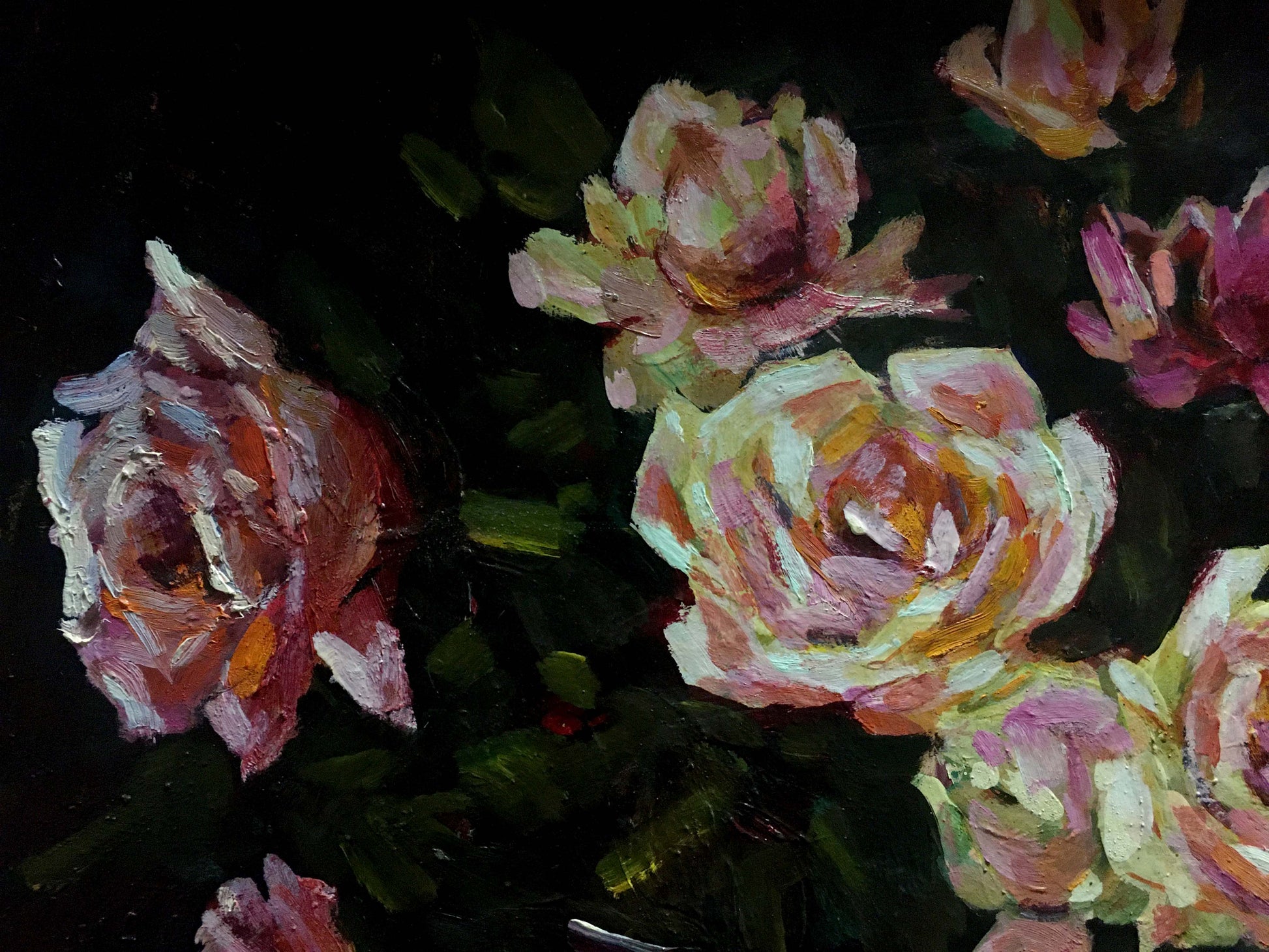 Textured oil painting of pink cream yellow roses on table by Bakaev Sergey Ivanovich