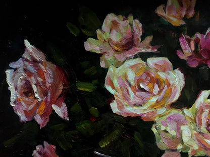 Textured oil painting of pink cream yellow roses on table by Bakaev Sergey Ivanovich