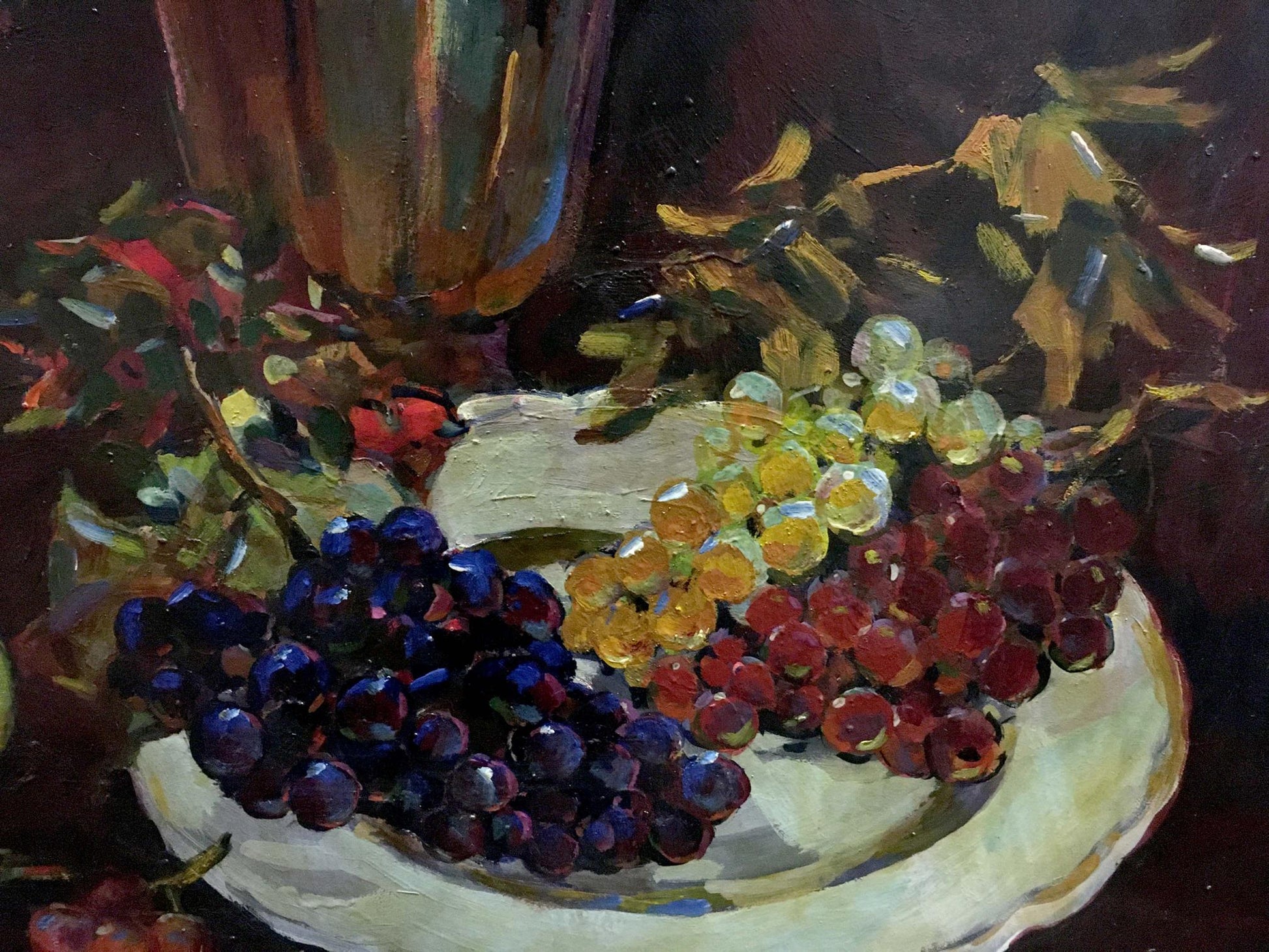 Oil painting of vibrant grapes on plate by Bakaev Sergey Ivanovich