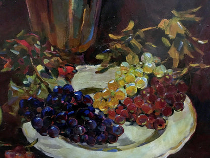 Oil painting of vibrant grapes on plate by Bakaev Sergey Ivanovich