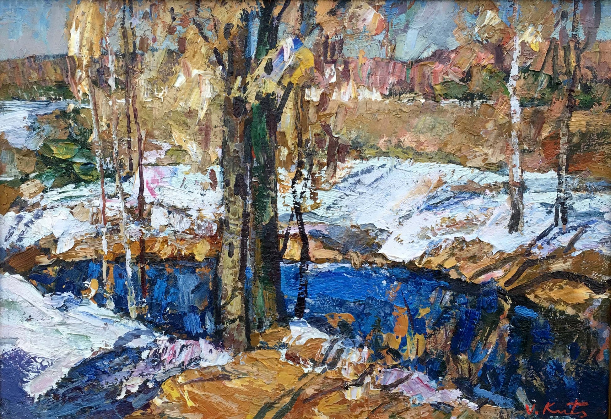 Vibrant impressionistic The Last Day oil painting of snowy landscape with autumn trees and blue river