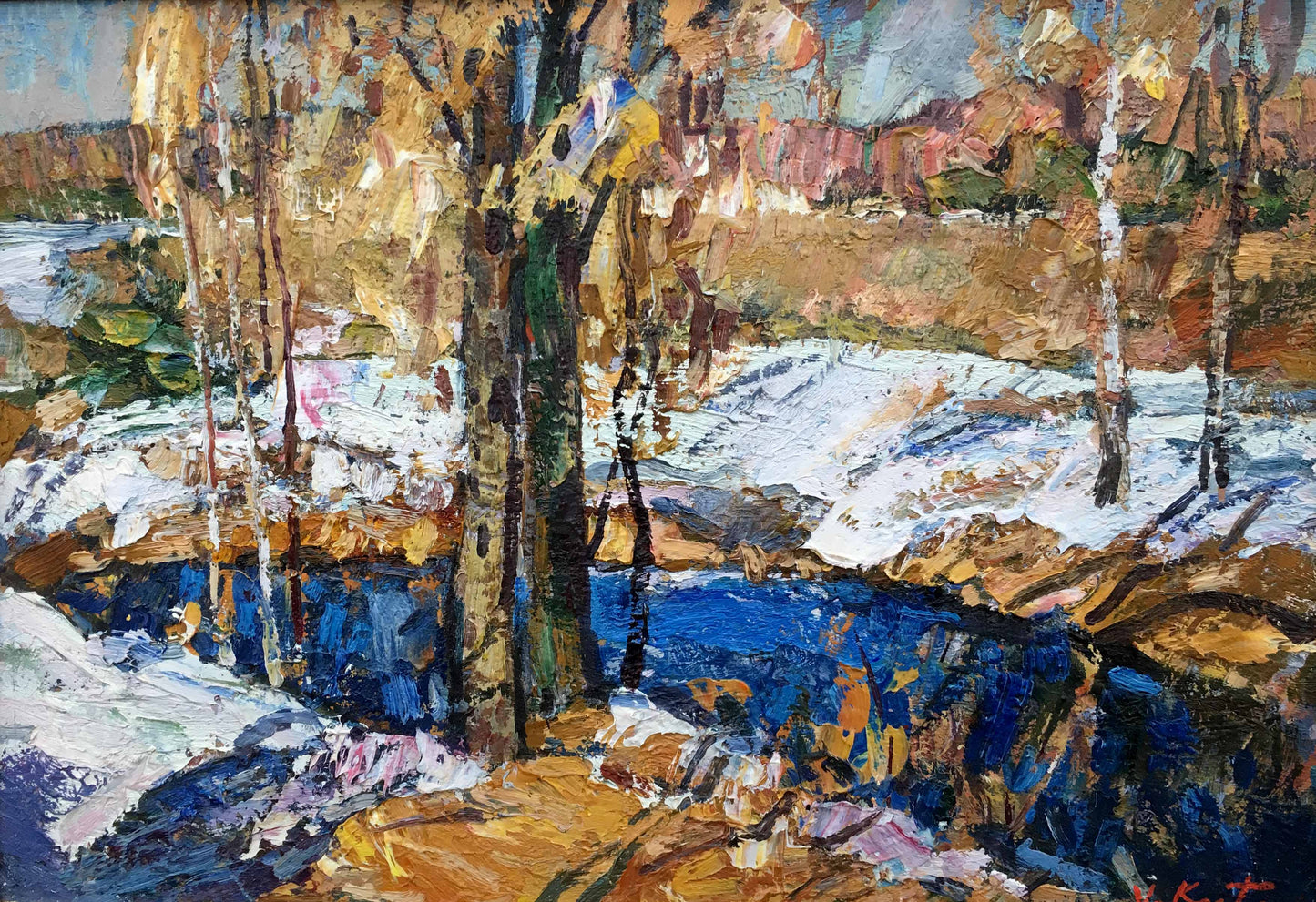 Vibrant impressionistic The Last Day oil painting of snowy landscape and river