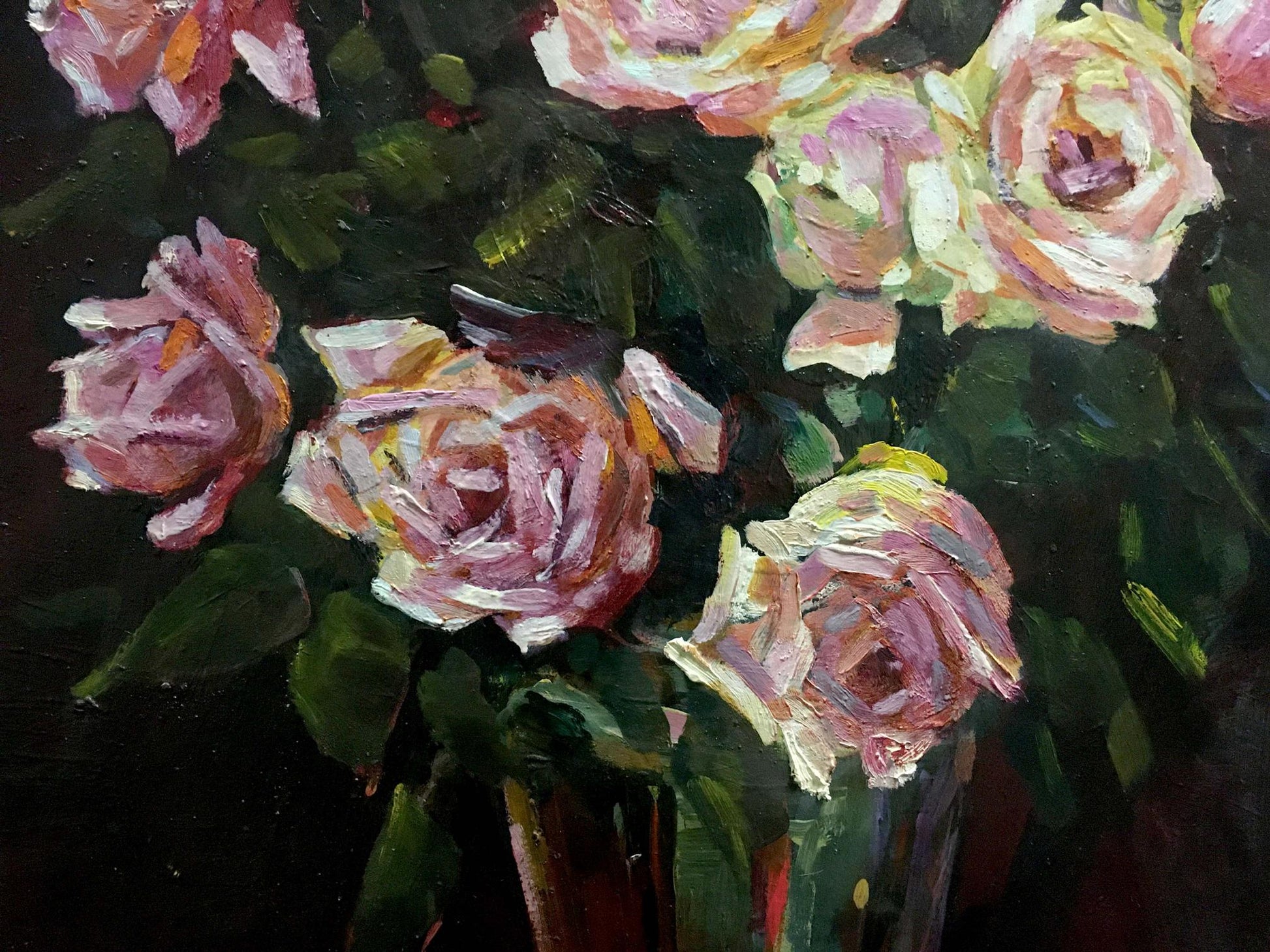 Vibrant impasto oil painting of pink cream roses on table by Bakaev Sergey Ivanovich