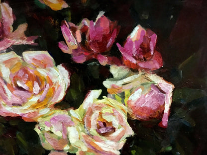 Oil painting of roses on table by Bakaev Sergey Ivanovich