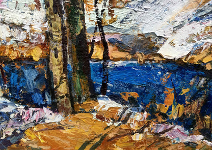 The last day impressionist oil painting of blue water, golden-brown trees, snowy landscape