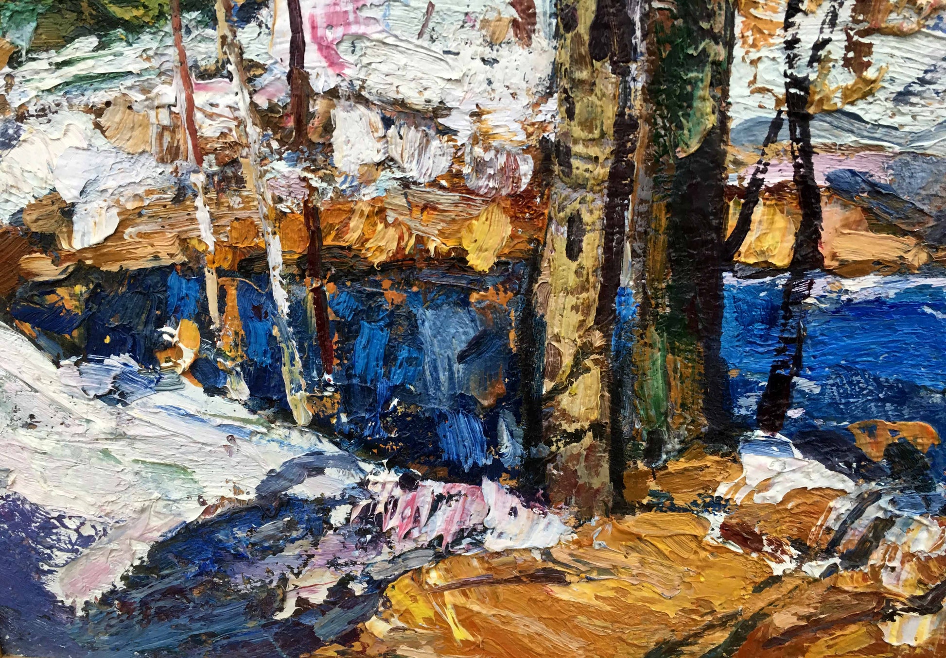 The last day oil painting of textured snowy forest in white blue hues