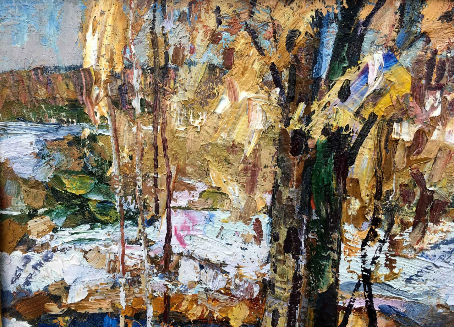The last day textured snowy forest oil painting with impasto brushstrokes