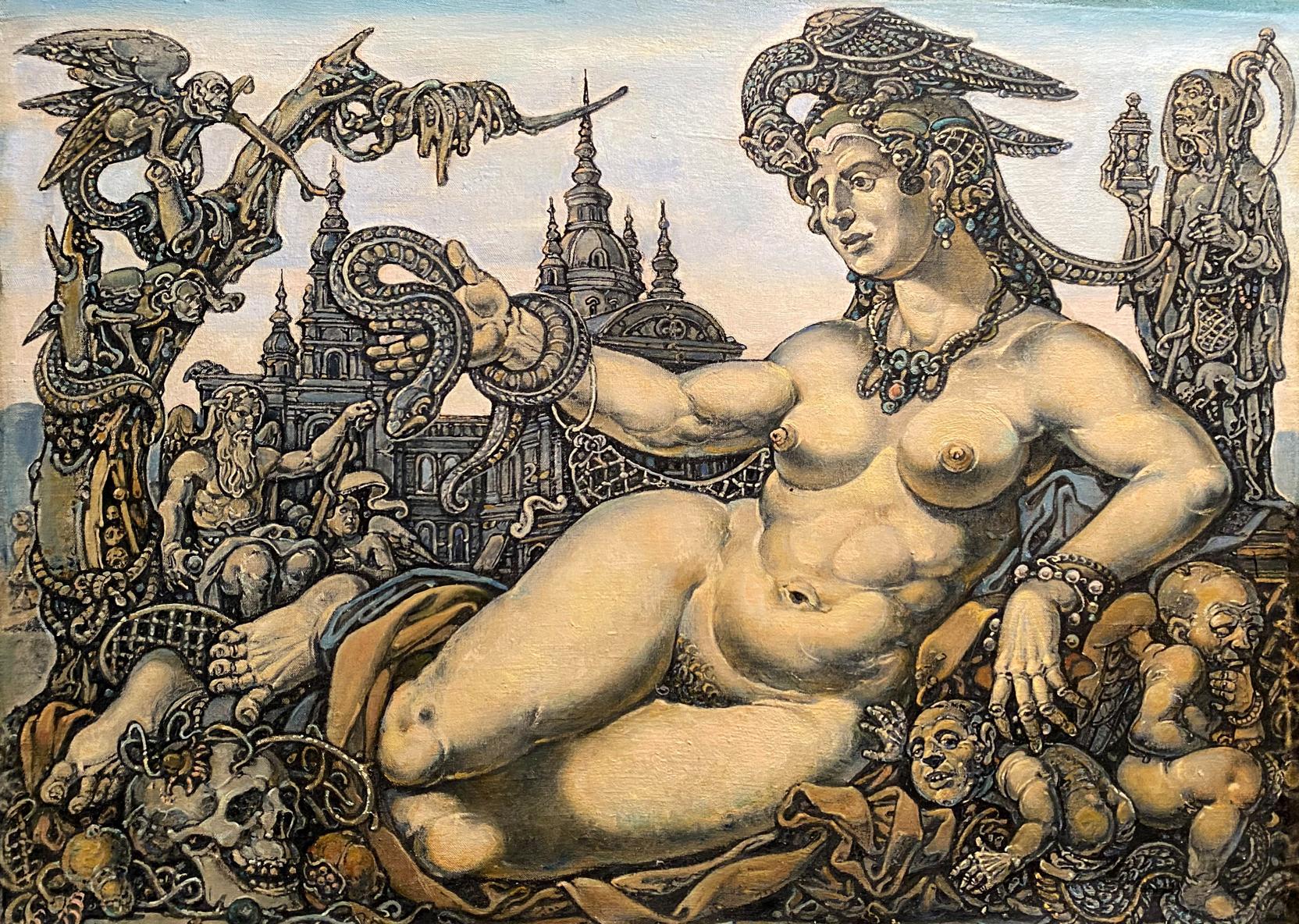 Classical nude female with winged headdress in Litvinov Oleg oil painting