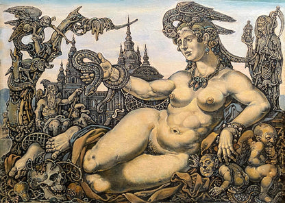 Classical nude female with winged headdress in Litvinov Oleg oil painting